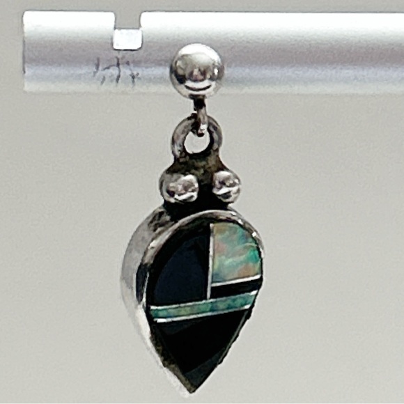 Vintage Southwestern Signed Onyx Opal Inlay Sterling Silver Earrings - Picture 5 of 8